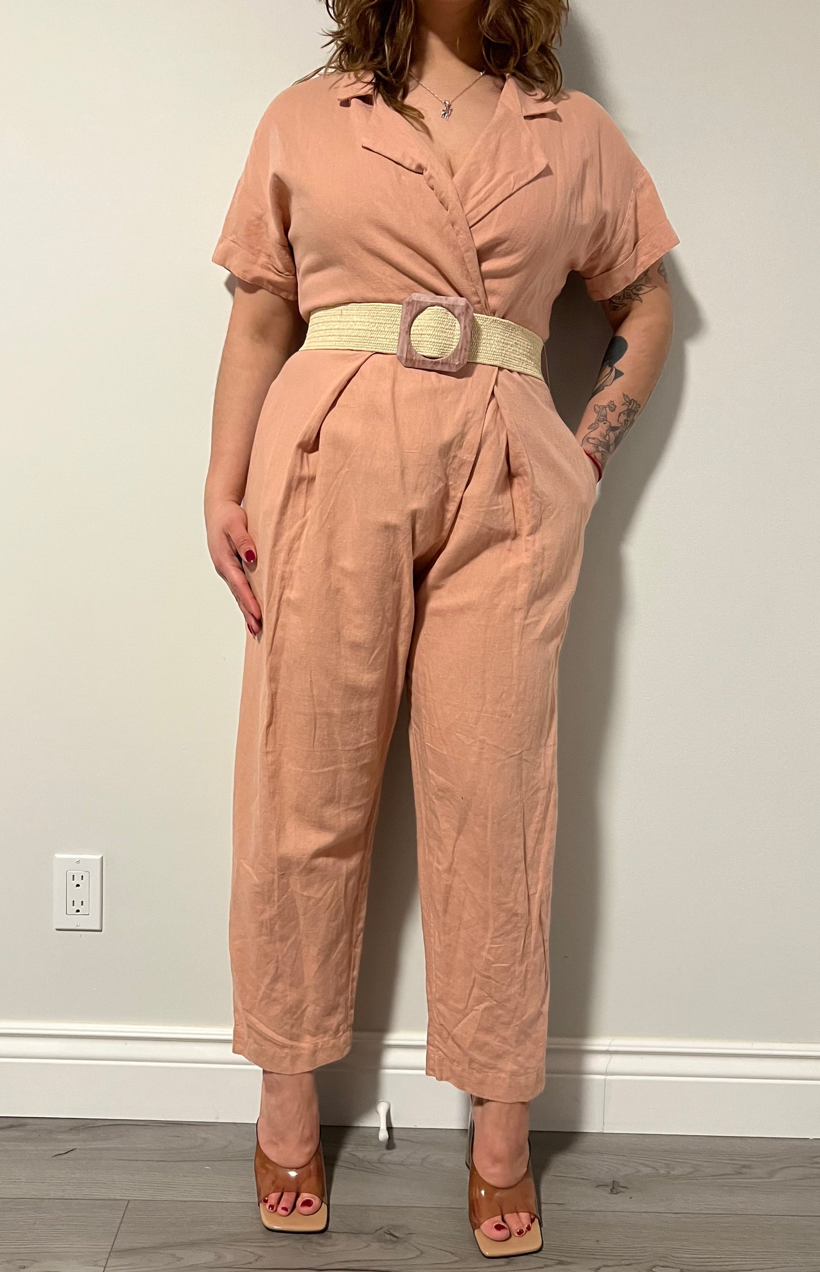 Pink linen jumpsuit Zara